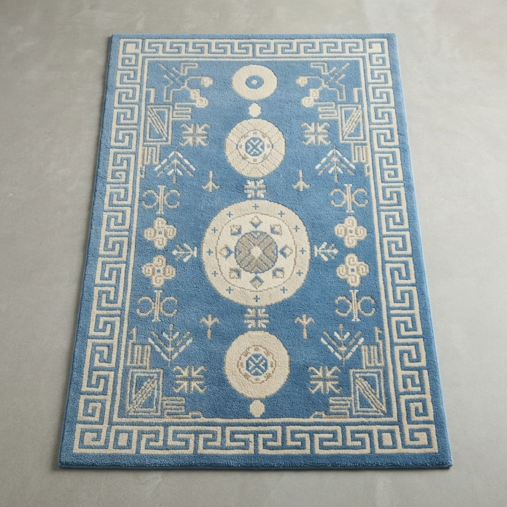 Celestial Fret Pagoda Hand Tufted Wool Rug - studio photo