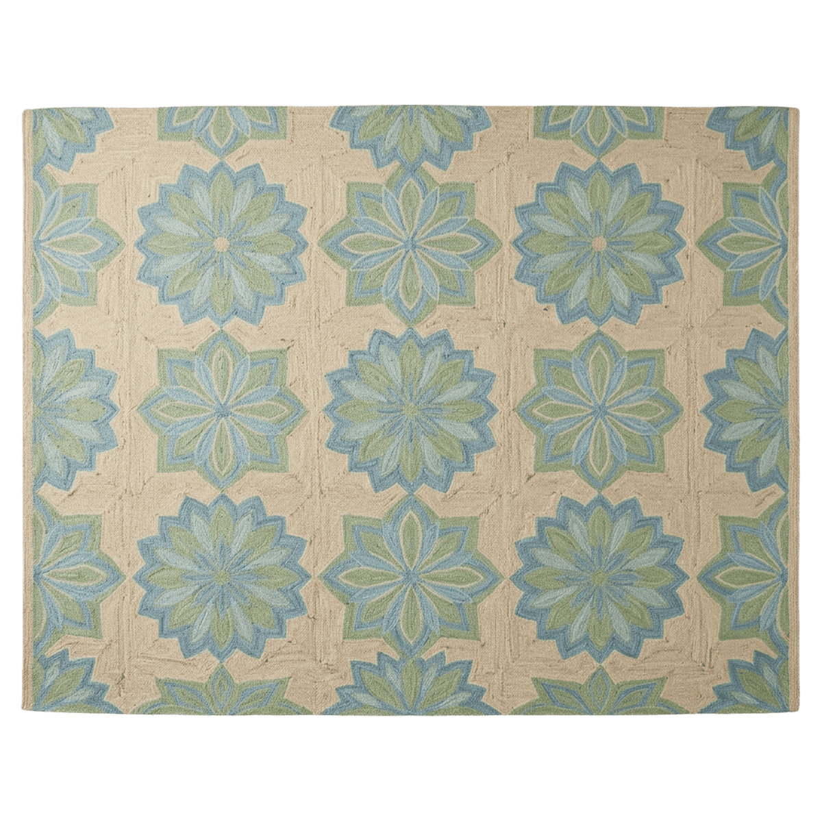 Patterned jute rug with geometric design on a solid background