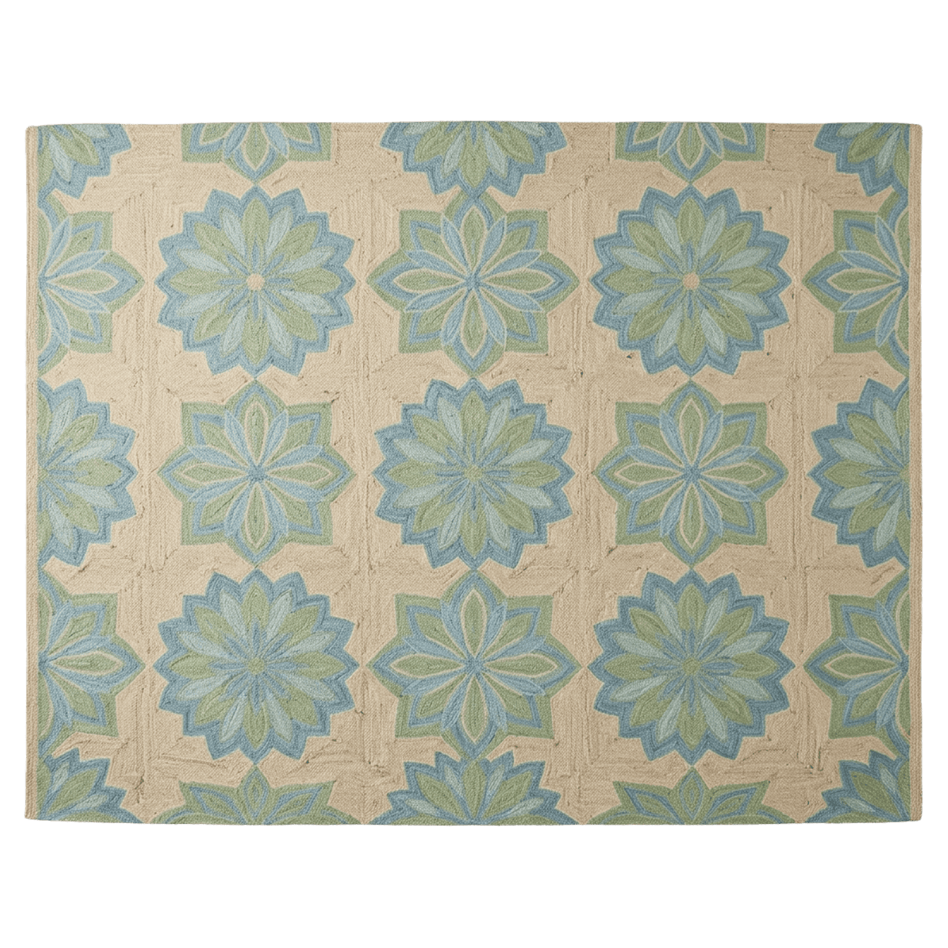 Patterned jute rug with geometric design on a solid background