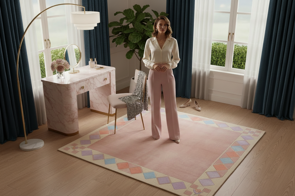 Woman standing in a stylish room with a desk, chair, and decorative rug.