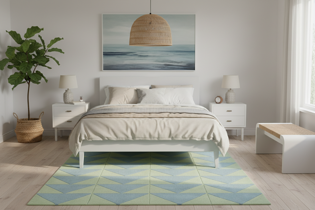 Modern bedroom with a bed, nightstands, geometric rug, and artwork on the wall.