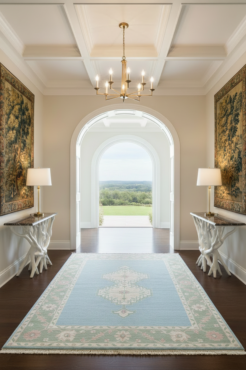 Luxurious hallway with a light blue rug, white walls, and a large window.