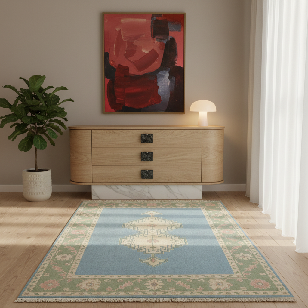 A rectangular area rug with a light blue center, cream medallion, and muted green floral border, styled on a light wood floor in a modern room with a wooden sideboard, potted plant, and abstract wall art.