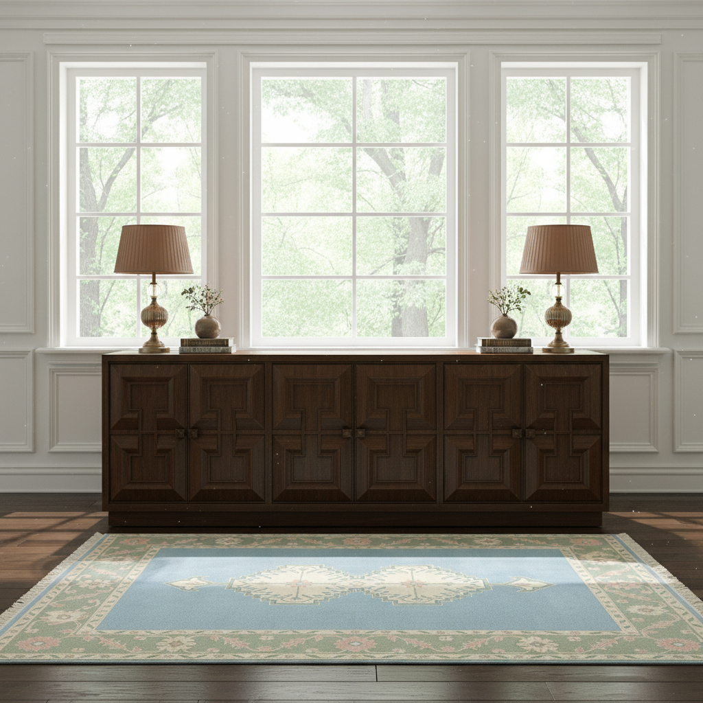 A dark brown wooden sideboard or credenza in a bright room with three tall windows, flanked by two matching table lamps and small vases. A light blue patterned area rug lies on the dark wood floor in front of the piece of furniture.