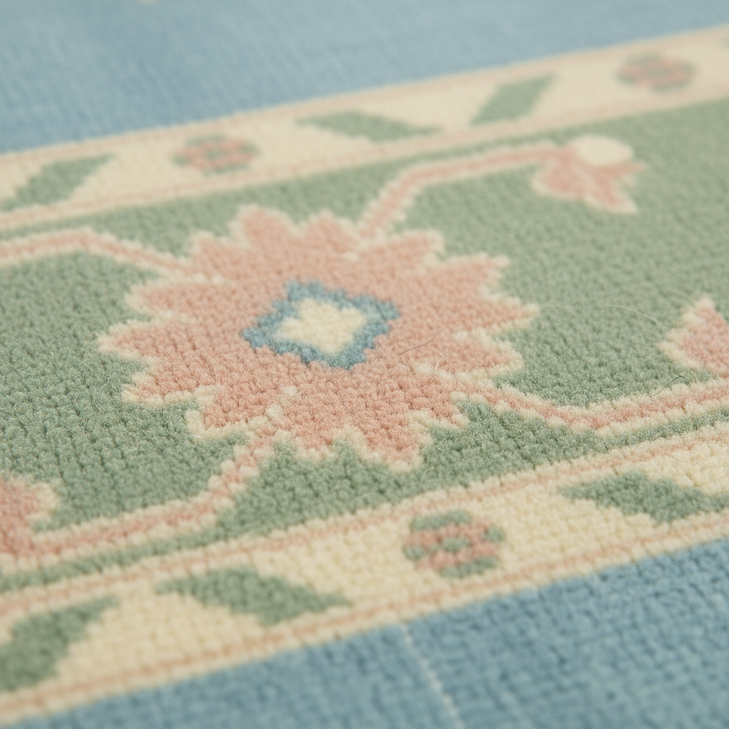 Close-up of a textured area rug with a traditional floral pattern in pastel blue, sage green, dusty pink, and cream.