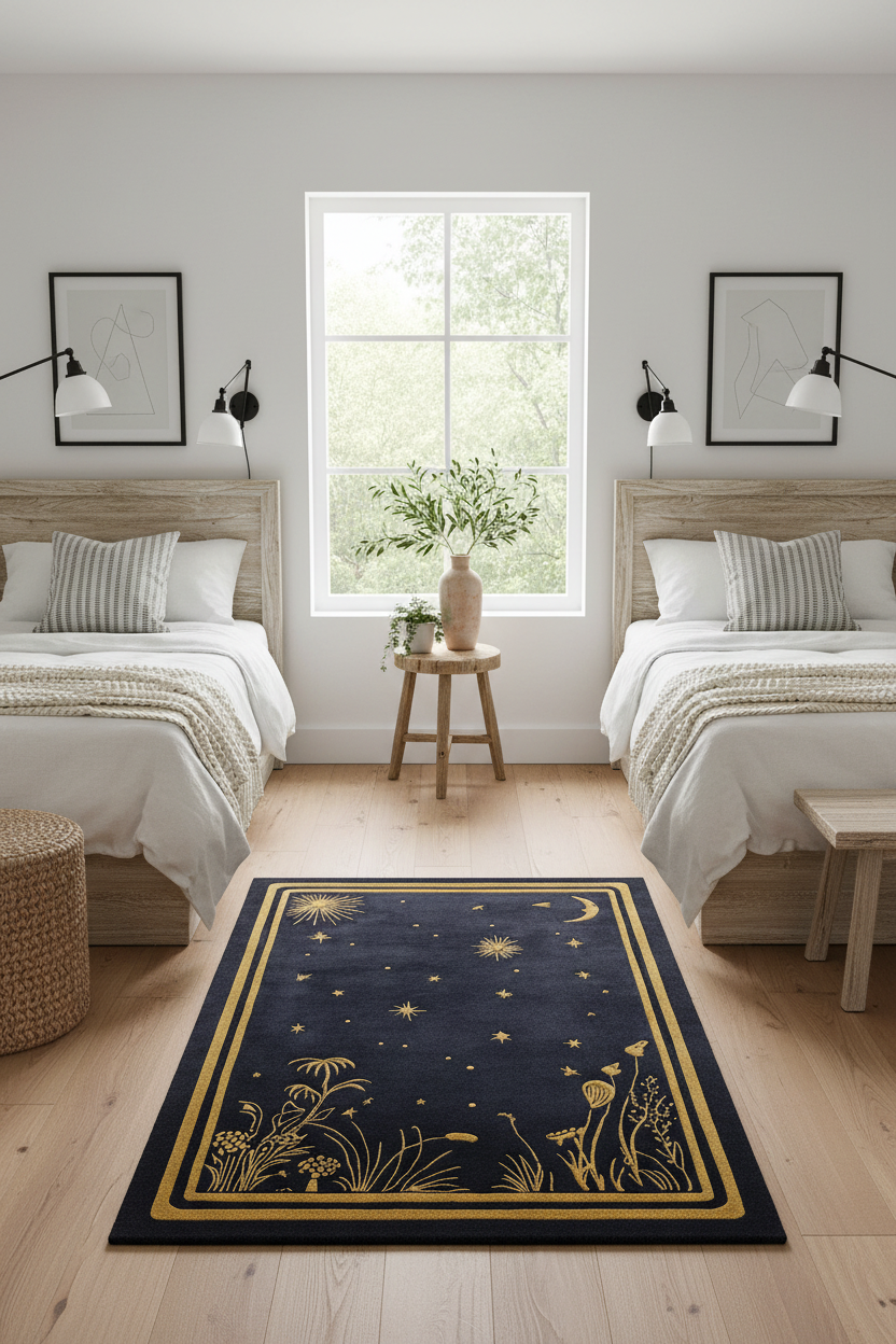 Two beds in a bedroom with a decorative rug featuring celestial designs.