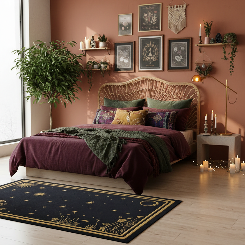 Decorative bedroom with wicker bed, black rug, framed art, and candles on a pink wall.