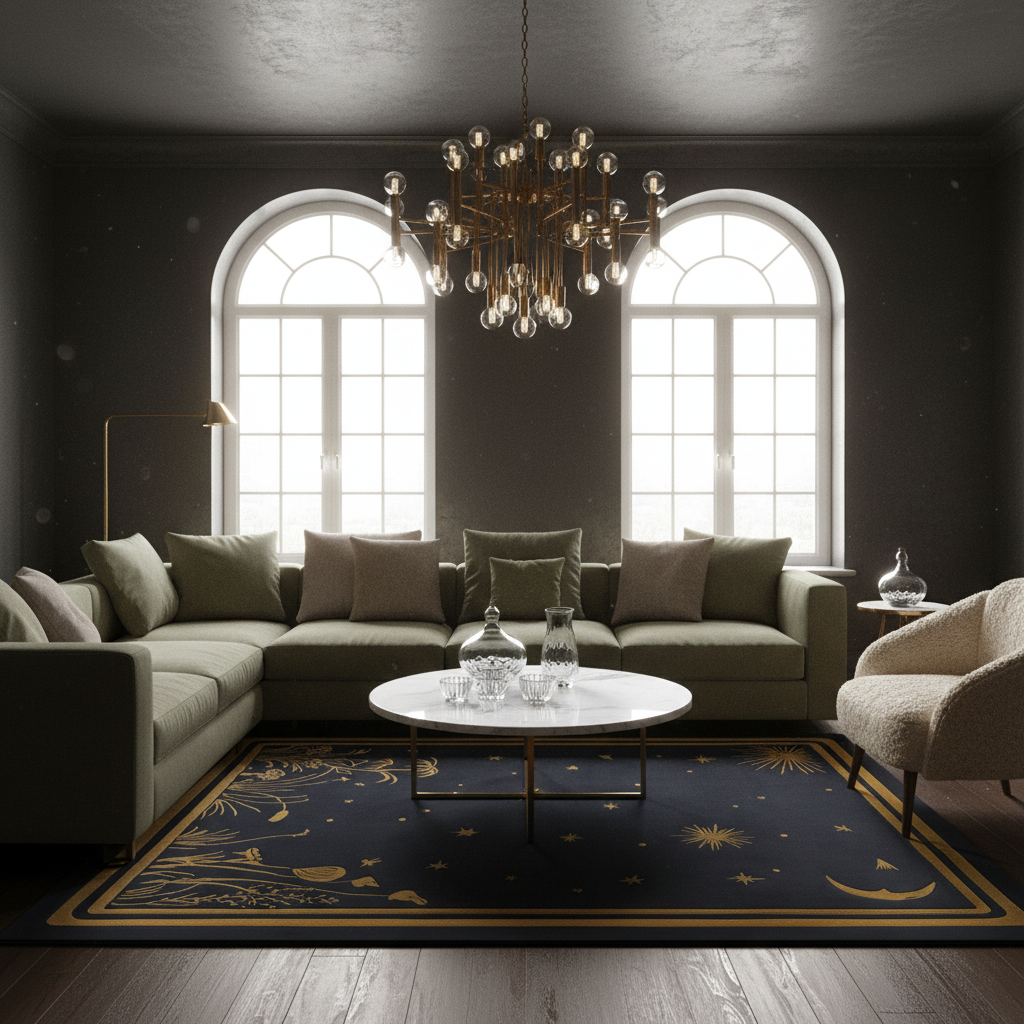 A styled living room interior with a large sectional sofa, round white coffee table, dark navy rug with gold celestial pattern, arched windows, and a chandelier.
