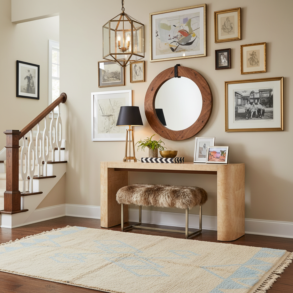 Staircase with wooden handrail, round mirror, beige runner rug, and decorative items on a console table.