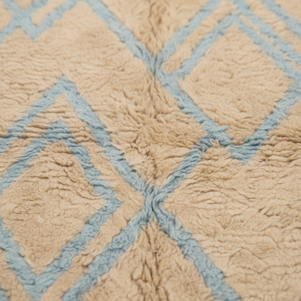Close-up of a textured rug with a beige shaggy surface and a light blue geometric diamond pattern.
