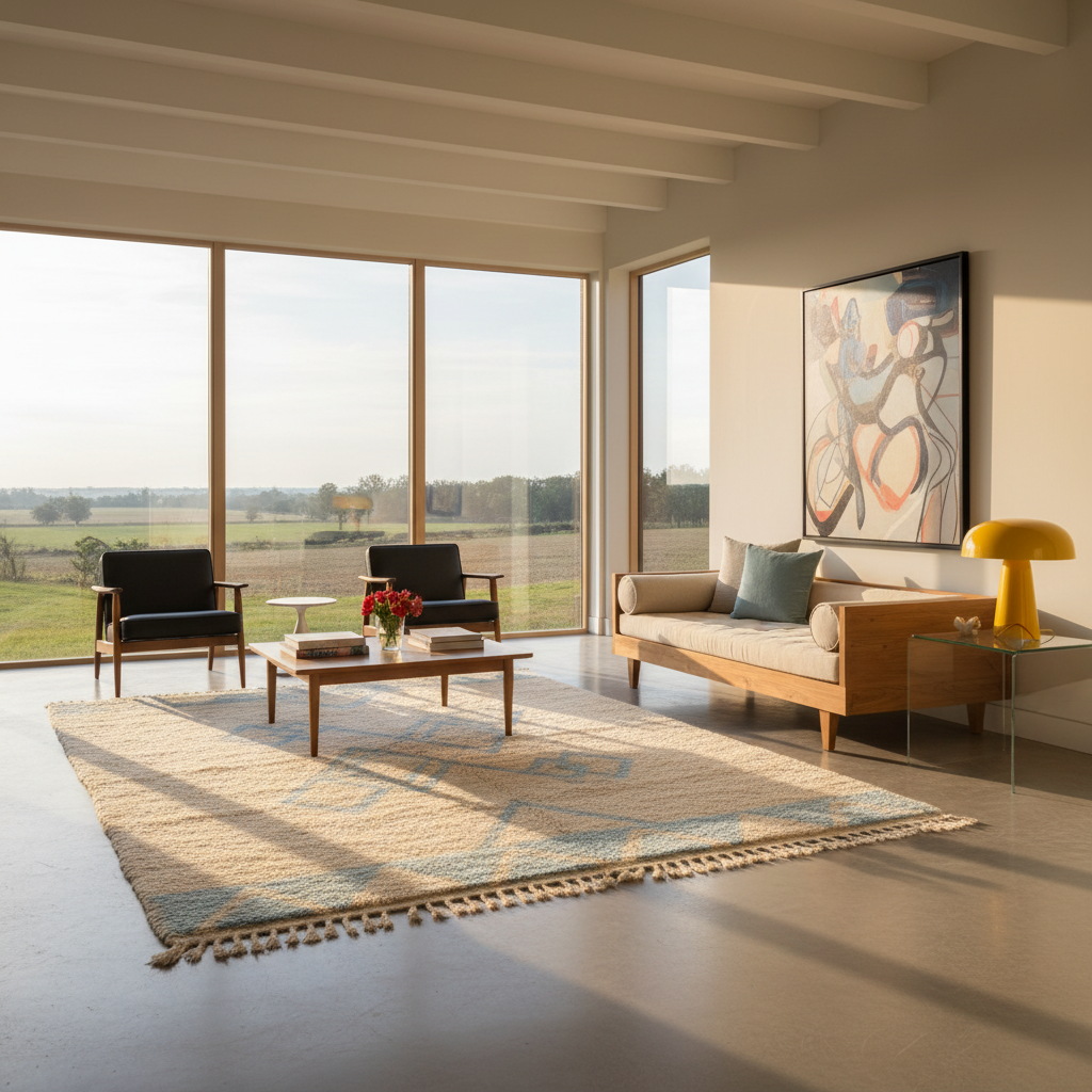 A modern living room with a beige and blue patterned area rug, a mid-century wooden sofa, two black armchairs, a wooden coffee table, and a yellow table lamp, set against a backdrop of large windows showing a green field.