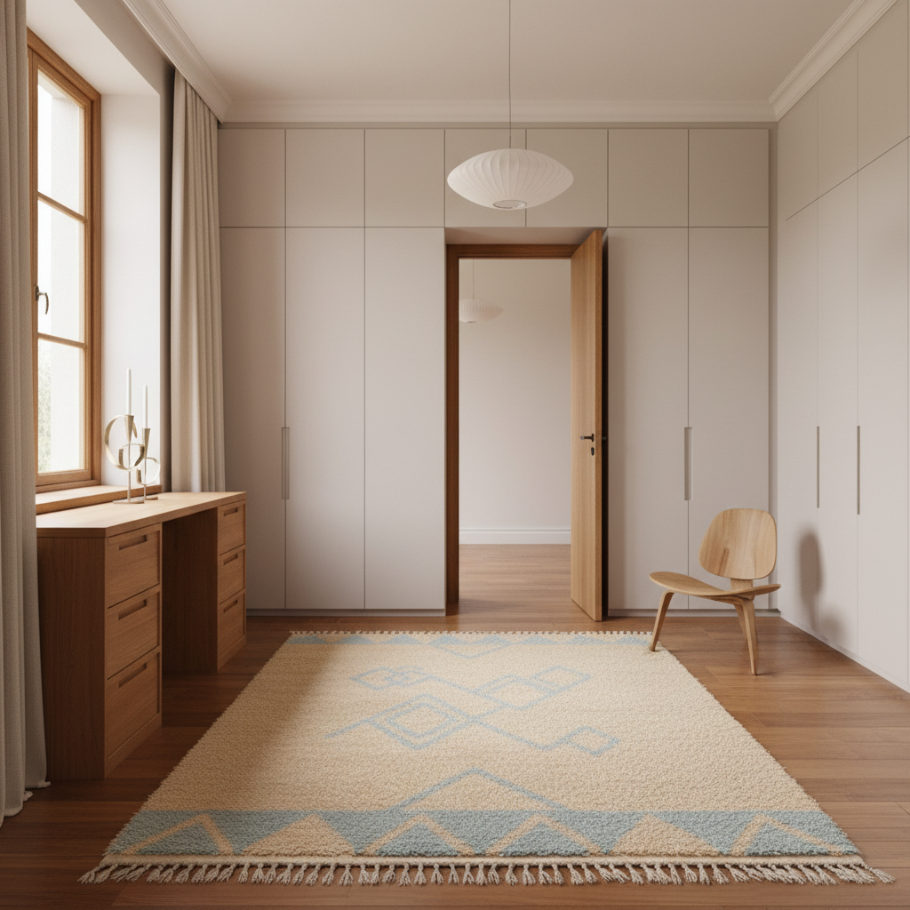 A modern, minimalist bedroom featuring a light beige and blue patterned fringed area rug on a dark wood floor, a light wood desk by a window, a wooden chair, and built-in light gray wardrobes.