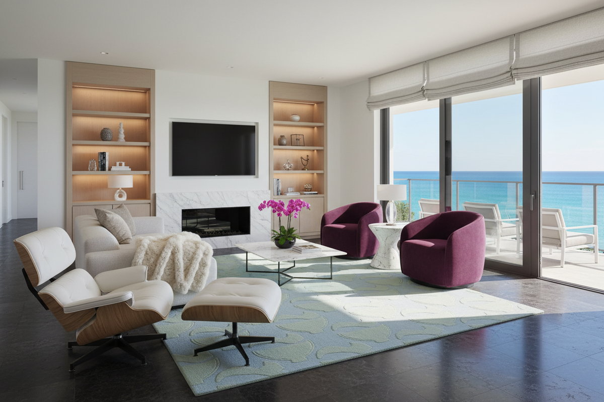 Modern living room with ocean view, featuring a fireplace, TV, and comfortable furniture.