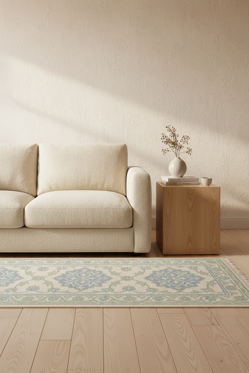A cream bouclé sofa sits in a sunlit living room beside a light wood side table with a white vase of delicate stems. A cream and pale blue patterned area rug covers the light wood floor.