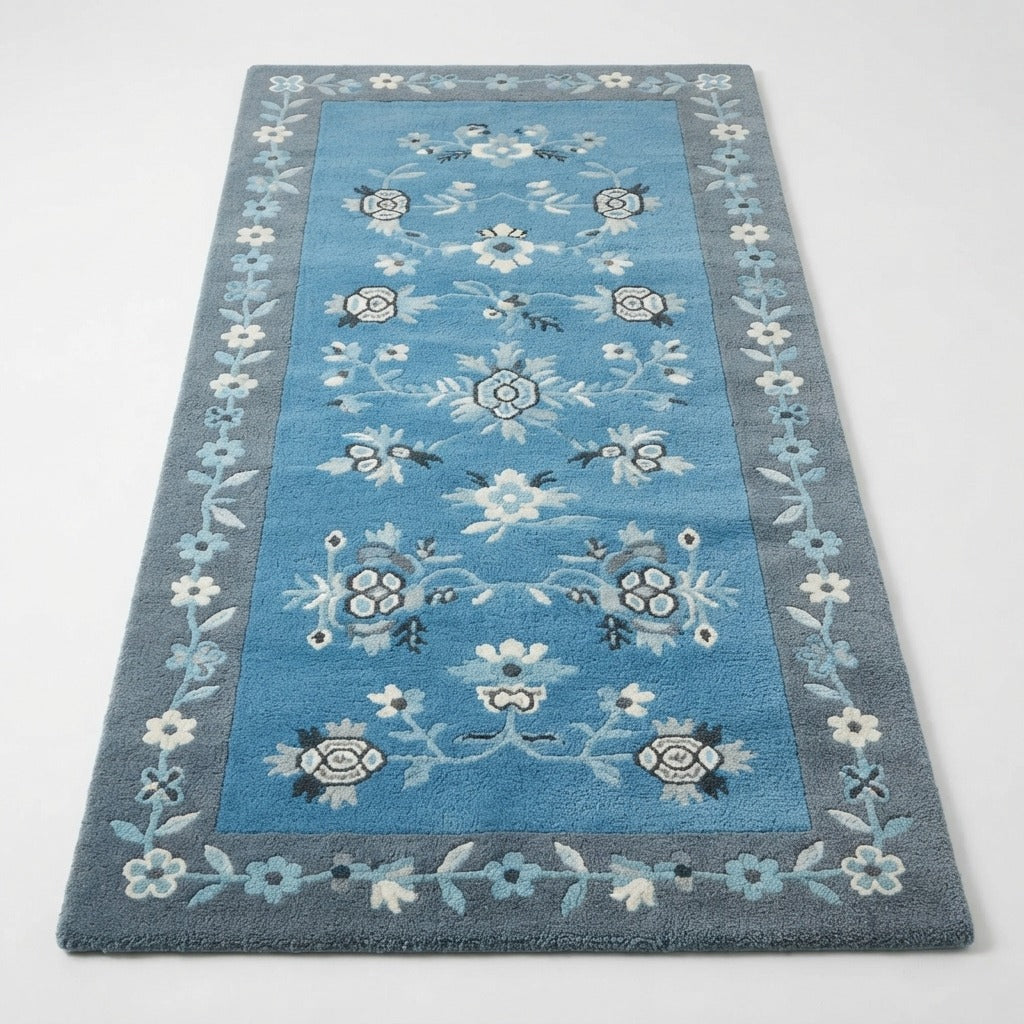 Cerulean Blossom Drift Hand Tufted Wool Rug - studio photo