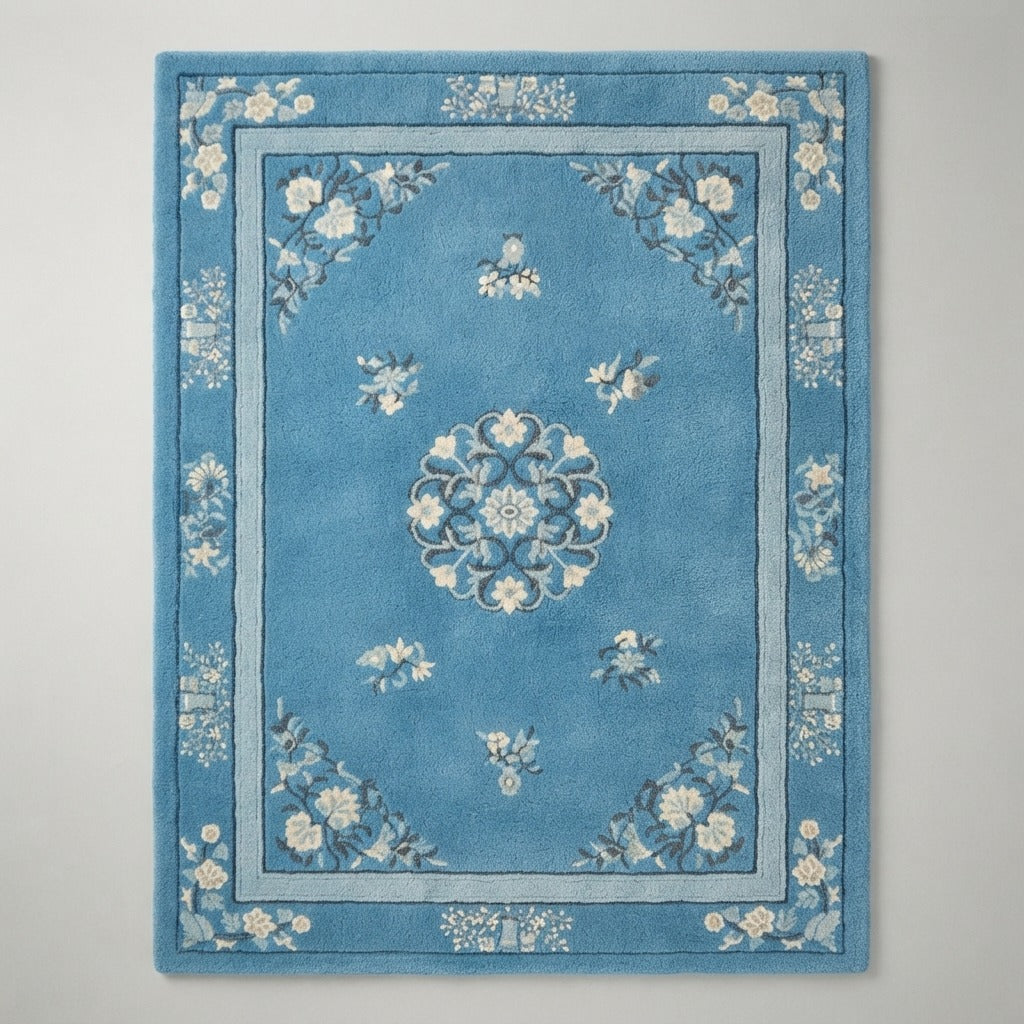 Cerulean Peony Court Hand Tufted Wool Rug - studio photo