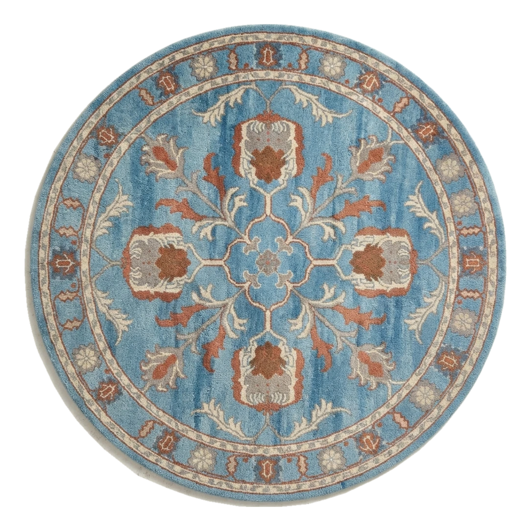 Cerulean Pomegranate Wheel Round Hand Tufted Wool Rug - alternate view