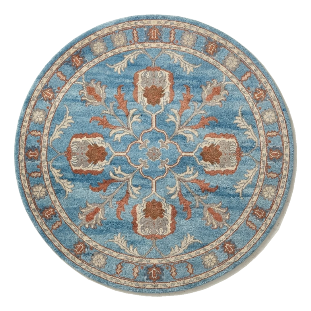 Cerulean Pomegranate Wheel Round Hand Tufted Wool Rug