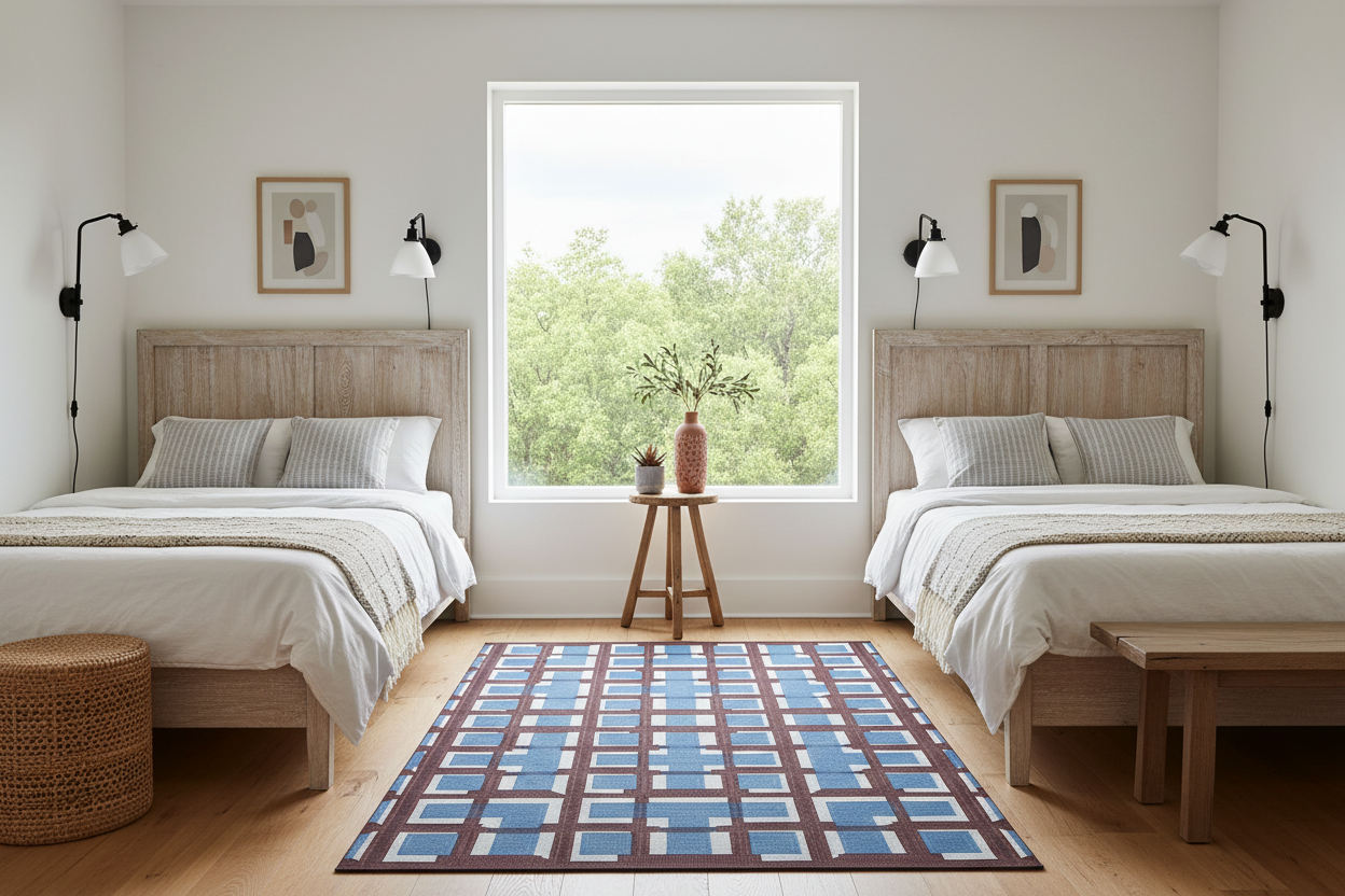 Modern bedroom with two beds, a modern blue rug, and decorative elements.