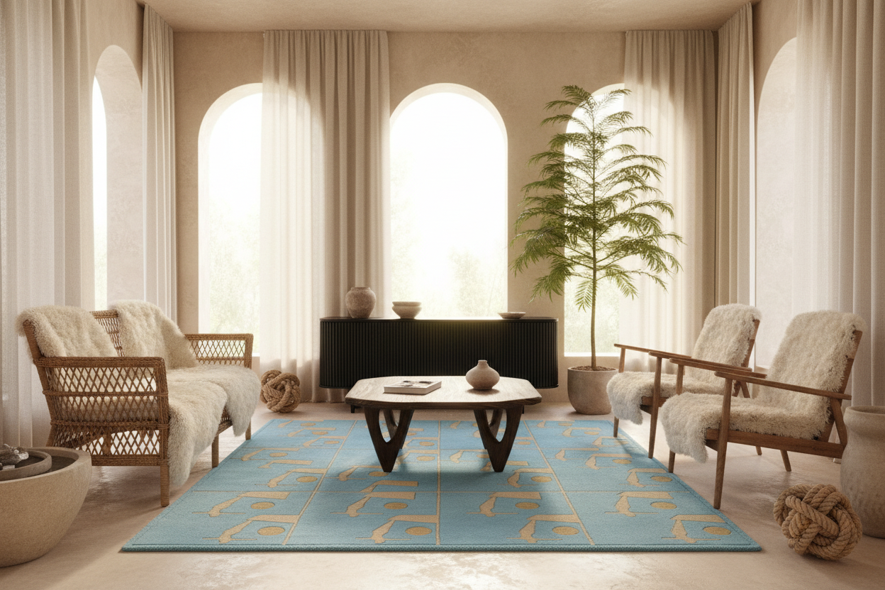 Modern living room with a blue rug, white walls, and neutral decor.
