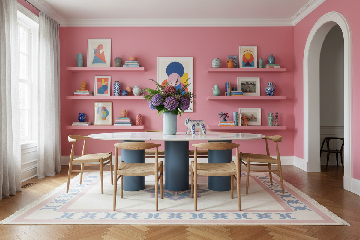 Dining room with pink blue rug, pink walls, wooden chairs, and a round table.