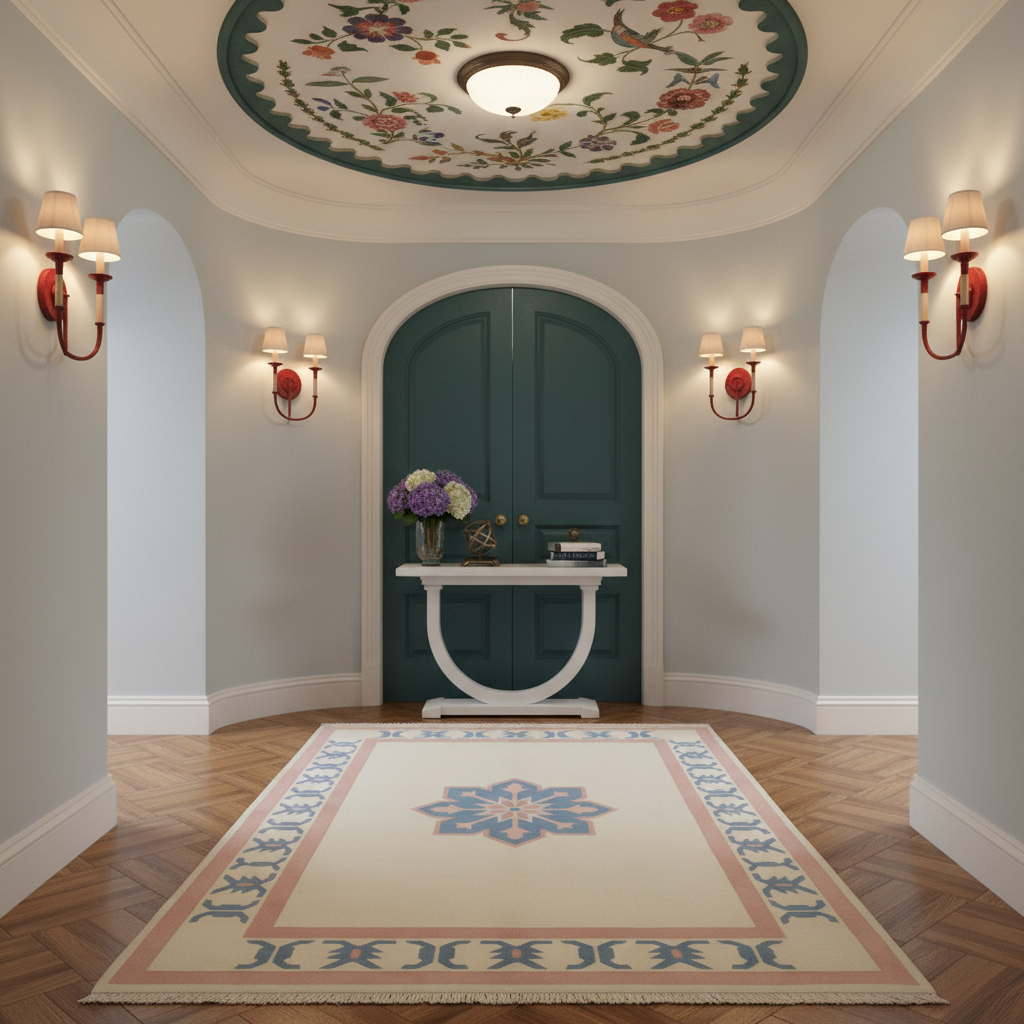A decorative indoor hallway with a large cream area rug featuring a blue and beige floral medallion and border, placed on a wood floor in front of a teal door. The room has arched walls, wall sconces, a console table with flowers and books, and a painted ceiling medallion.
