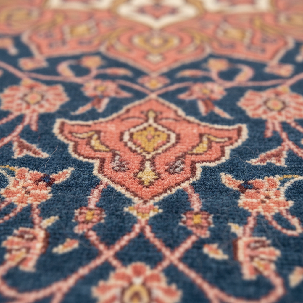 Close-up of a traditional patterned rug with a navy blue field, coral-pink medallions, and cream floral details.