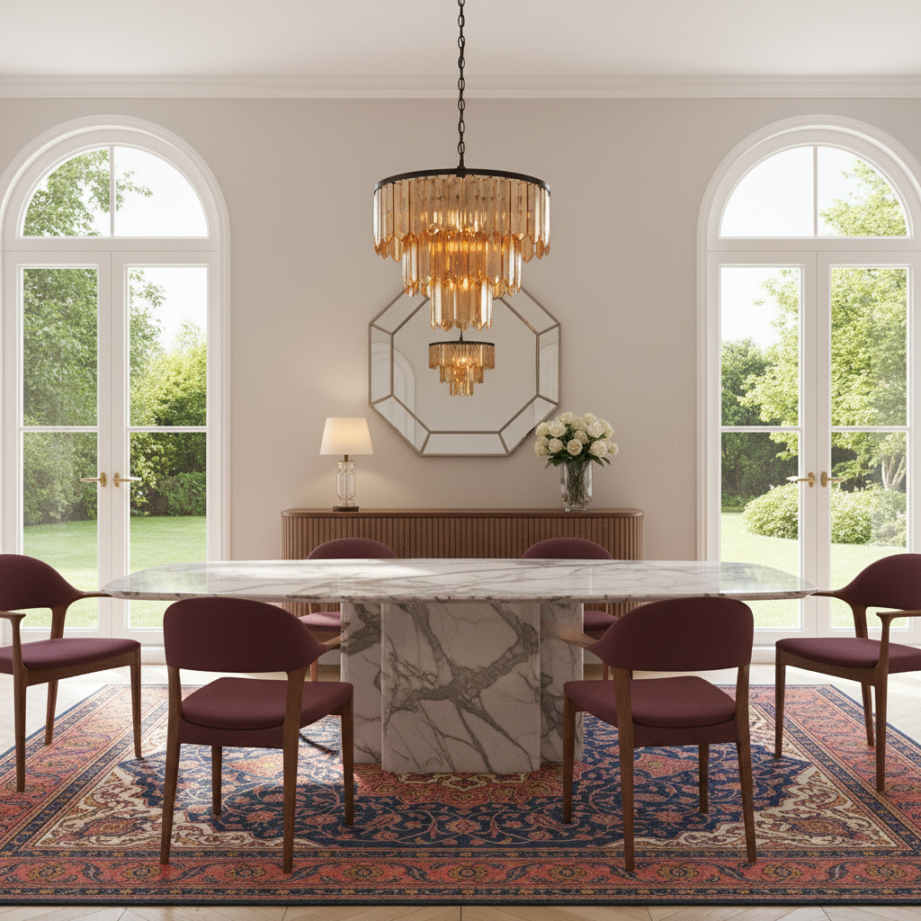 A luxury dining room featuring a white marble dining table with a central stone column base, surrounded by six burgundy upholstered wooden chairs. The room is decorated with a large red and blue patterned oriental rug, a gold chandelier, and a matching gold wall mirror.