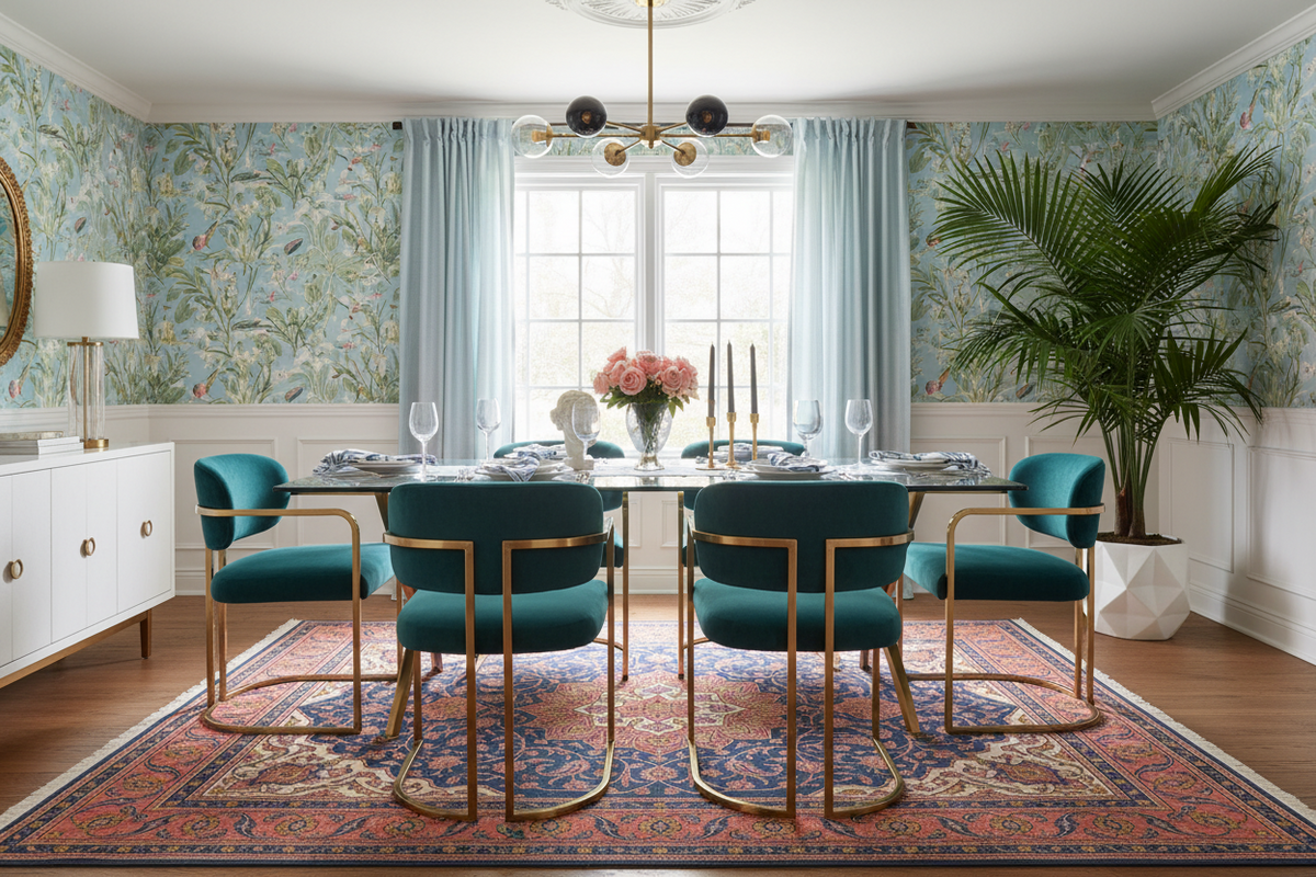 Dining room with teal chairs, a white table, and floral wallpaper, pink floral traditional knotted rug