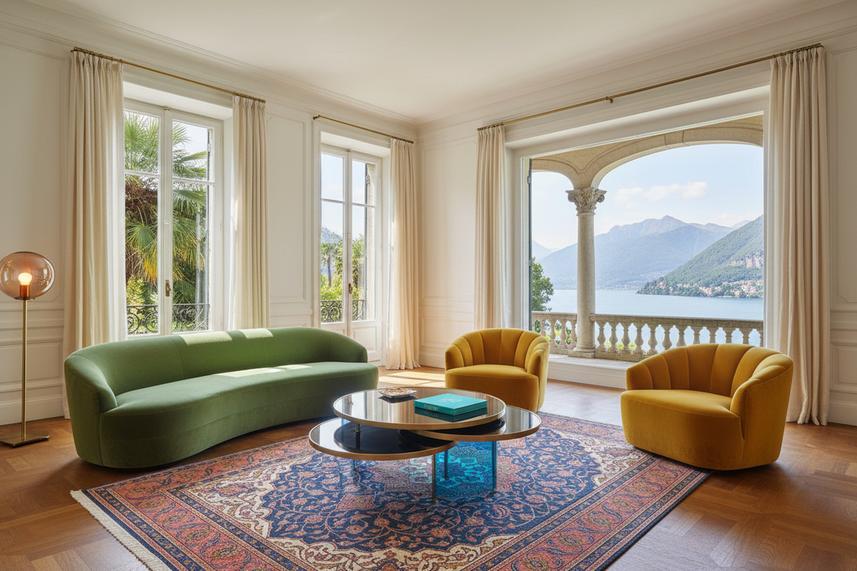 Modern living room with green sofa, yellow chairs, persian rug, and a large window view of mountains and water.