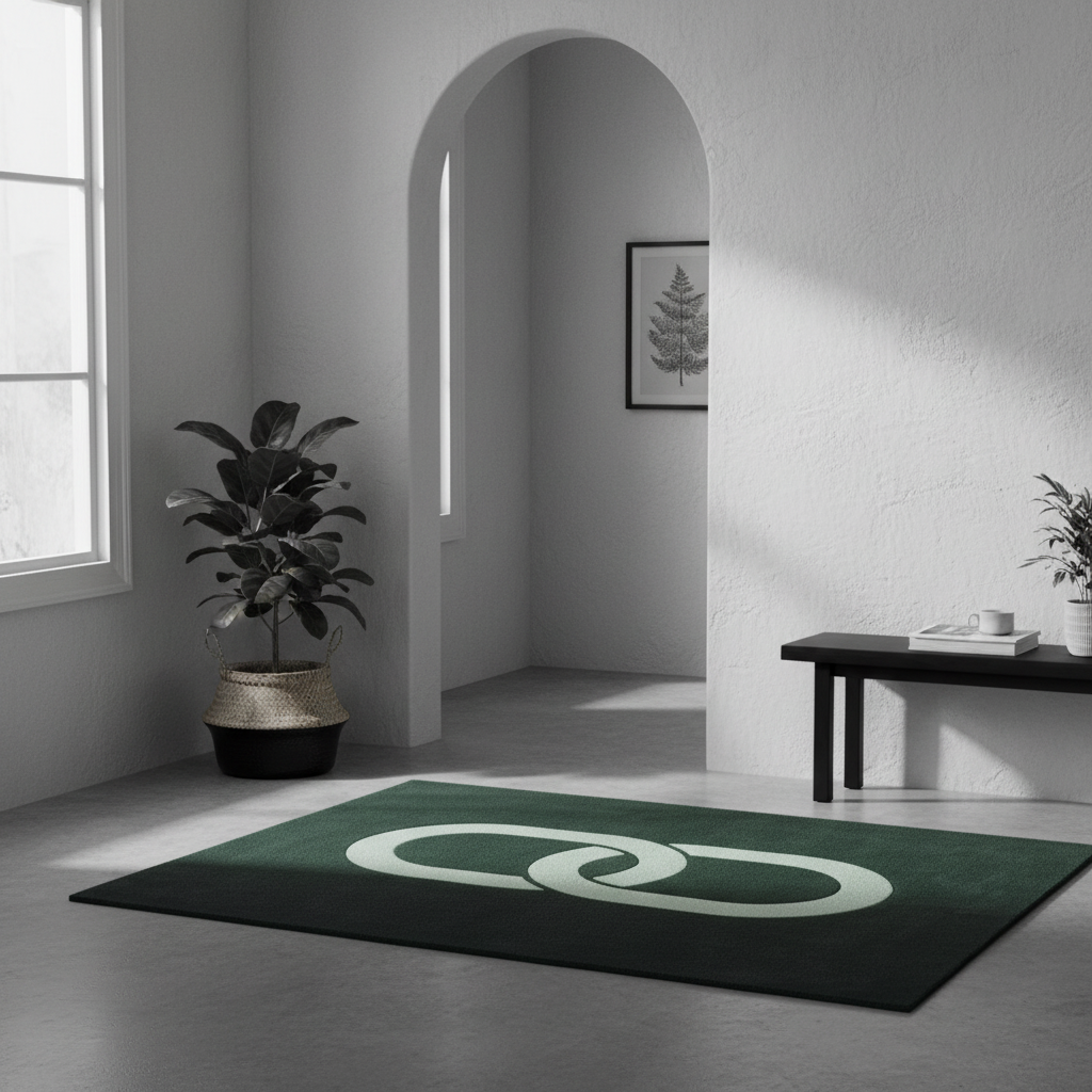 Green rug with a white logo in a modern room with plants and a table.