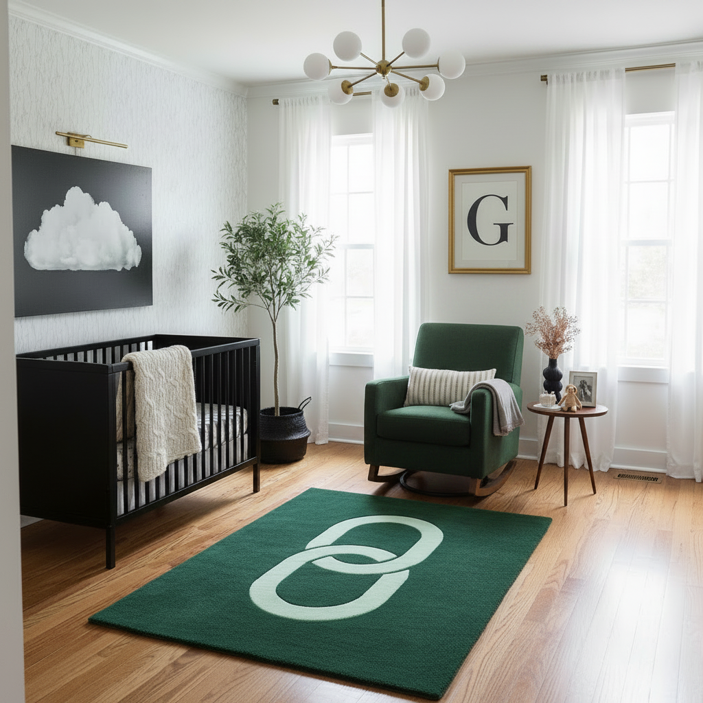 Modern nursery with a green rug featuring a white logo, black crib, and green armchair.