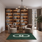 Modern living room with bookshelves, chairs, and a green rug with a logo.