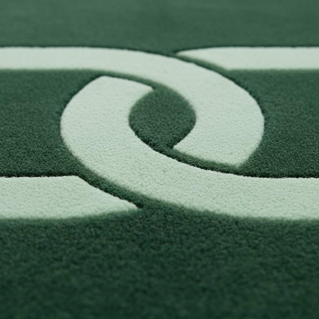 Close-up of a dark green textured surface with a large pale green abstract curved logo or emblem.