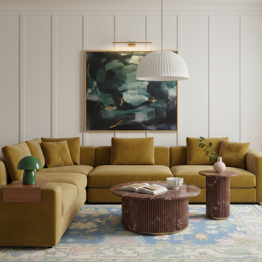 A modern living room featuring a large mustard yellow sectional sofa with matching throw pillows, styled with a ribbed white pendant light, a dark abstract wall art piece, a blue patterned area rug, and a ribbed brown marble coffee table.