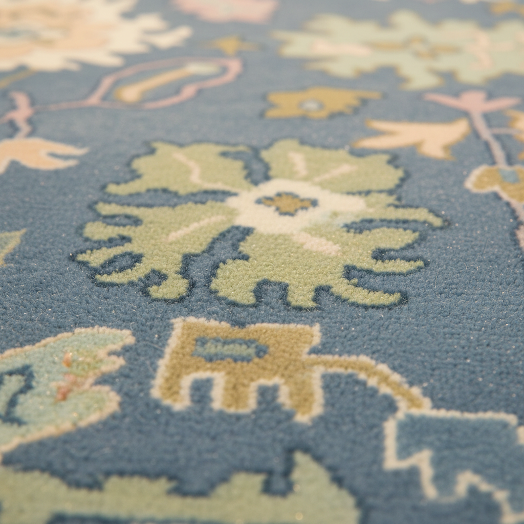 Close-up of a patterned area rug with a dusty blue background and raised floral motifs in pale green, beige, and soft pink.