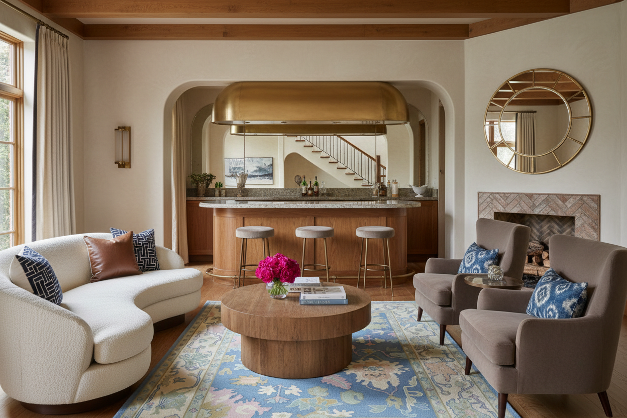 Living room with white sofa, brown chairs, blue rug, and a round wooden coffee table.