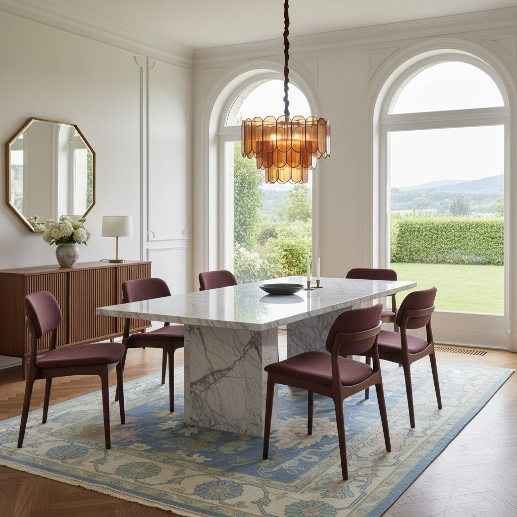 A modern dining room scene featuring a rectangular white marble dining table with a white marble pedestal base, surrounded by six mid-century modern chairs with burgundy upholstery and dark wood frames. The set is styled on a blue and beige patterned area rug under a glass chandelier, with large arched windows showing a green garden view.