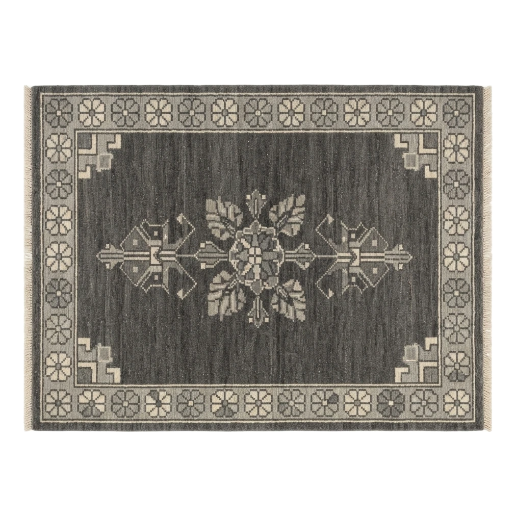 Charcoal Bloom Emblem Hand Knotted Rug