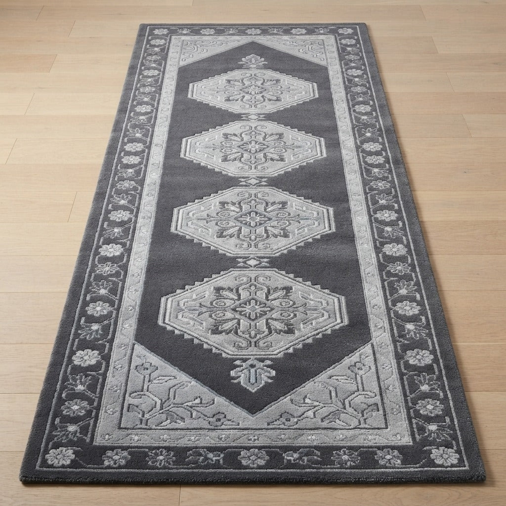 Charcoal Hexagon Voyage Hand Tufted Runner Rug - studio photo