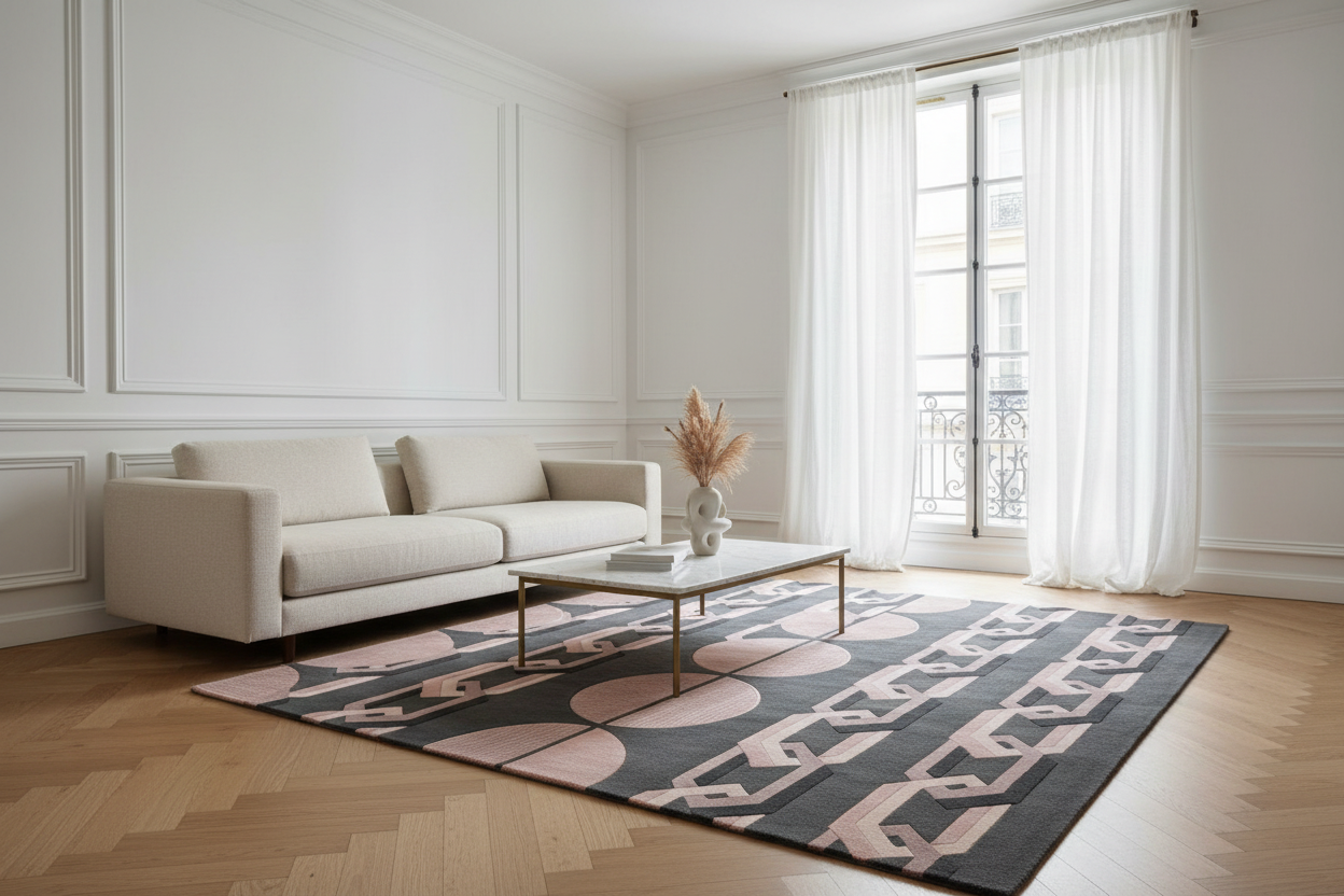 Charcoal Sphere Chain Square Hand Tufted Wool Rug