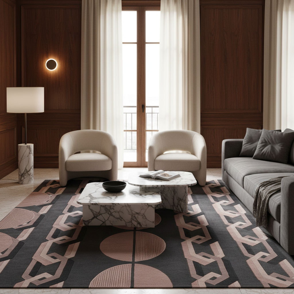 Charcoal Sphere Chain Square Hand Tufted Wool Rug