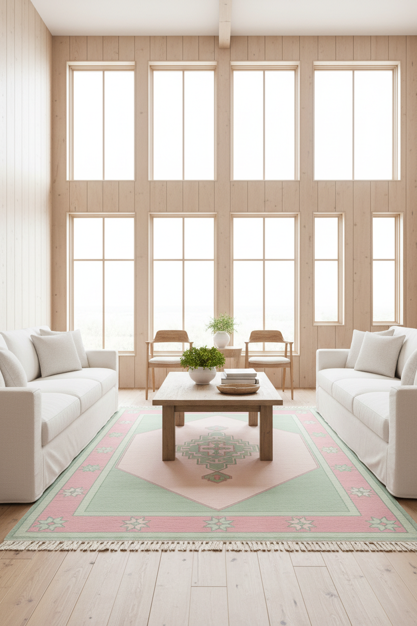 A styled living room with two white sofas facing a wooden coffee table on a large rectangular area rug. The rug has a cream center, a dusty pink border, and a pale mint green geometric pattern.