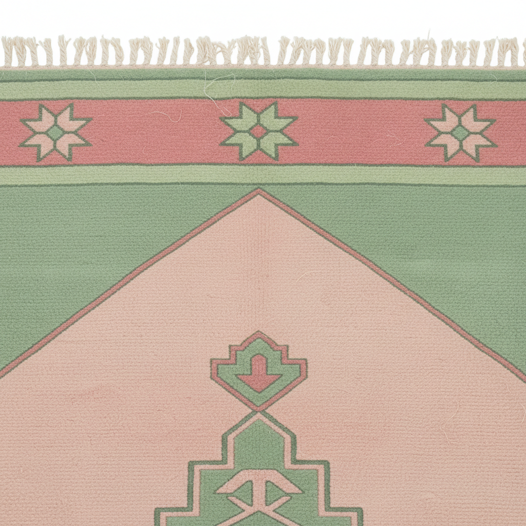 A close-up of a woven textile rug or mat showing a geometric pattern with a large pale pink field, a sage green section, a pink horizontal band with green and cream star motifs, and cream fringe along the top edge.