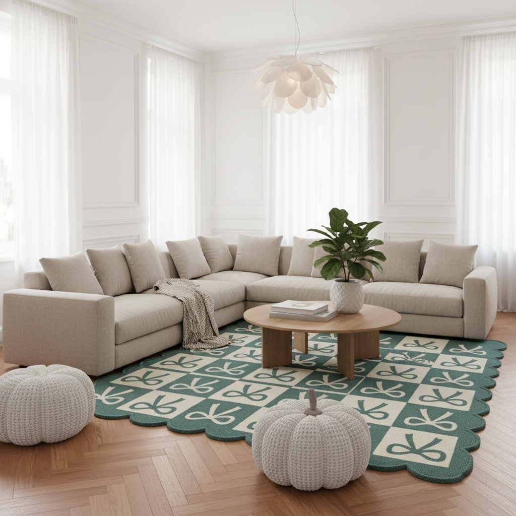 A styled living room featuring a light beige sectional sofa, a green and cream patterned scalloped area rug, a round wooden coffee table, two white knit pumpkin ottomans, and a potted green plant.