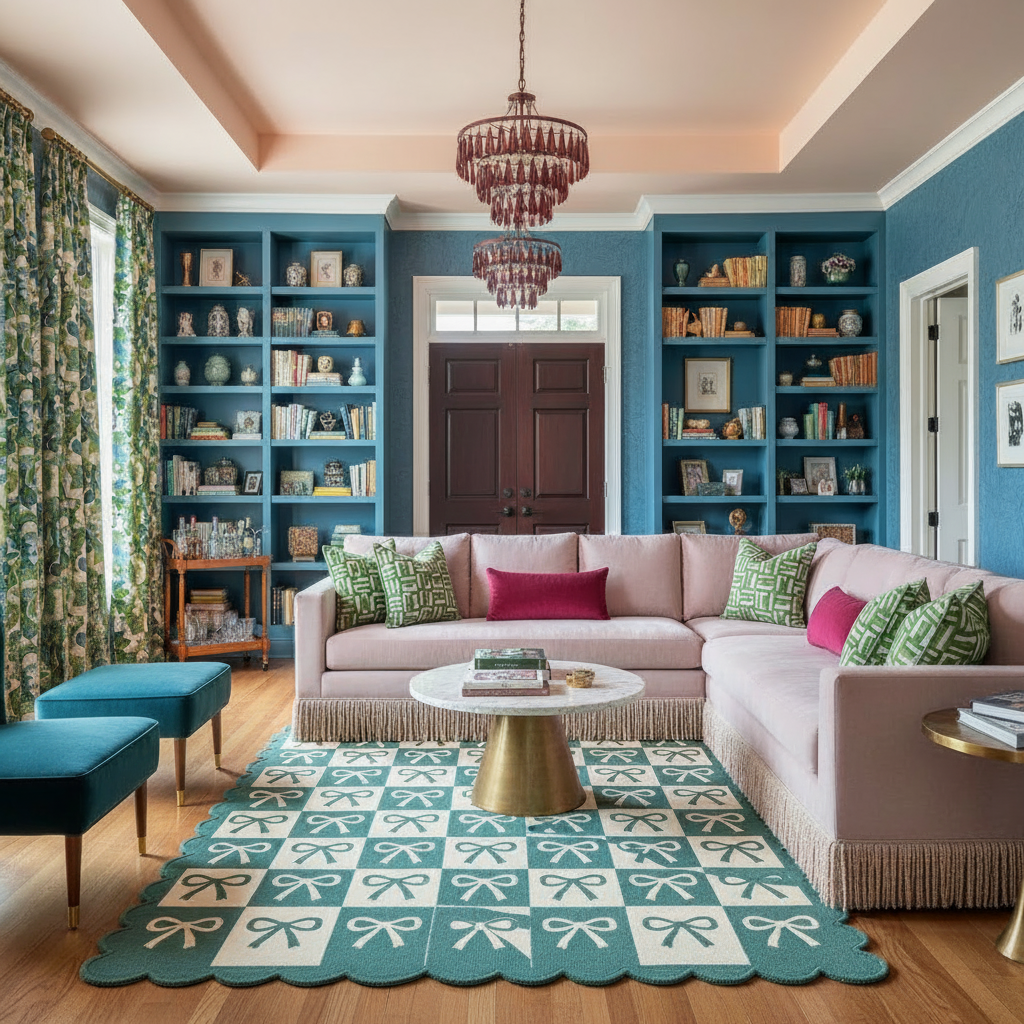 Living room with a pink sofa, green and white patterned rug, and blue bookshelves.