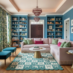 Living room with a pink sofa, green and white patterned rug, and blue bookshelves.