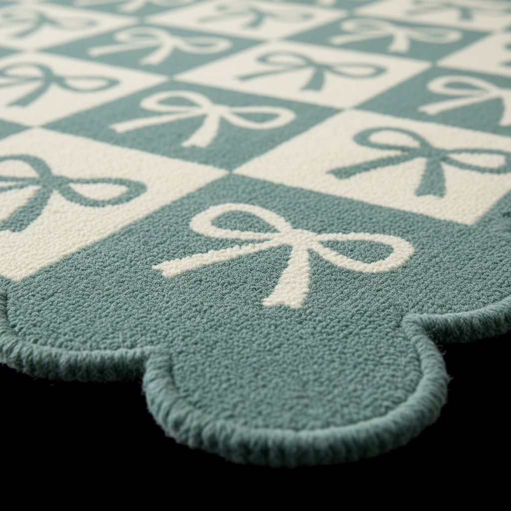 A close-up of a plush textured rug with a scalloped edge, featuring a mint green and cream checkerboard pattern with white bow motifs.