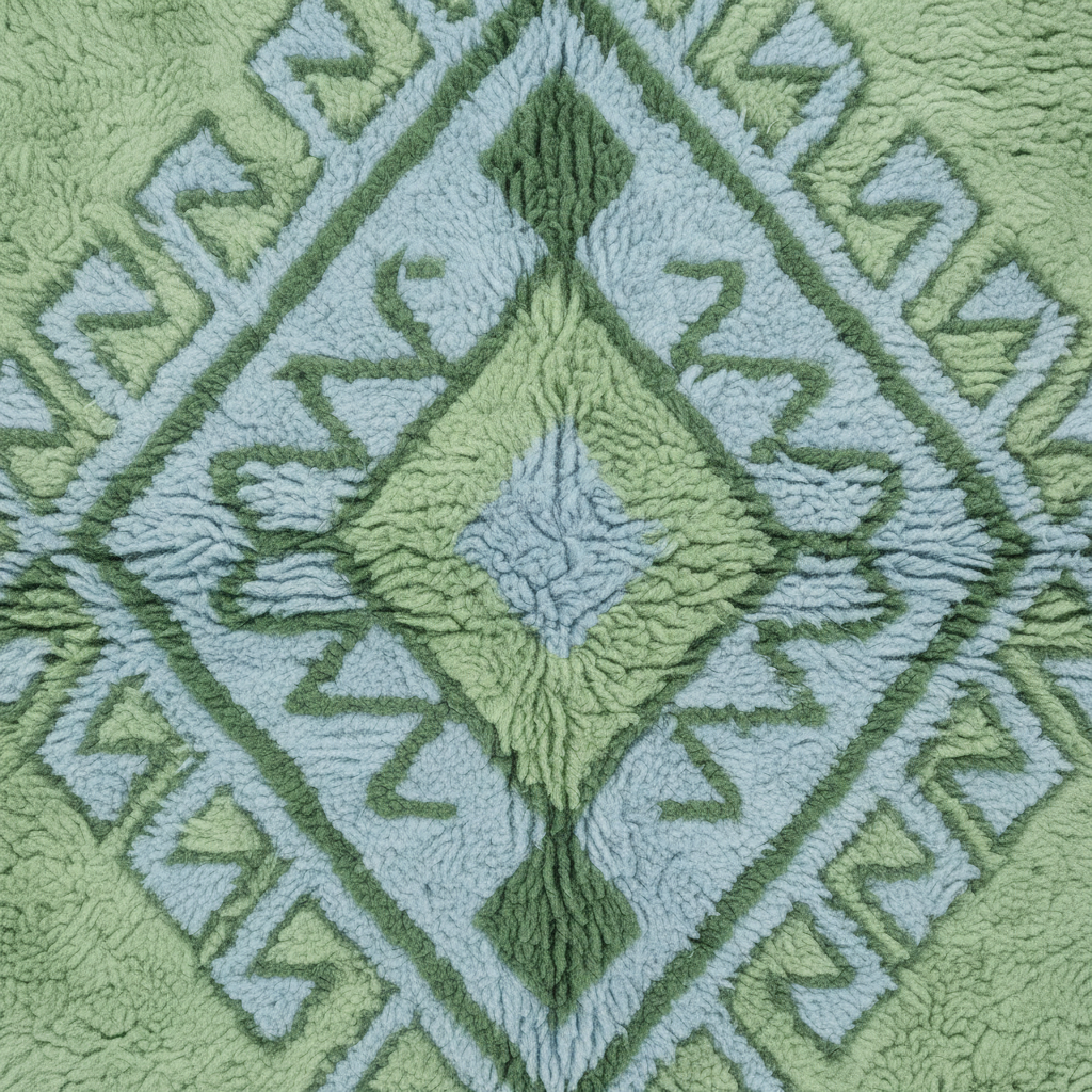 A close-up of a textured fabric with a geometric diamond pattern in sage green and light blue, showing the plush, looped pile texture of the material.