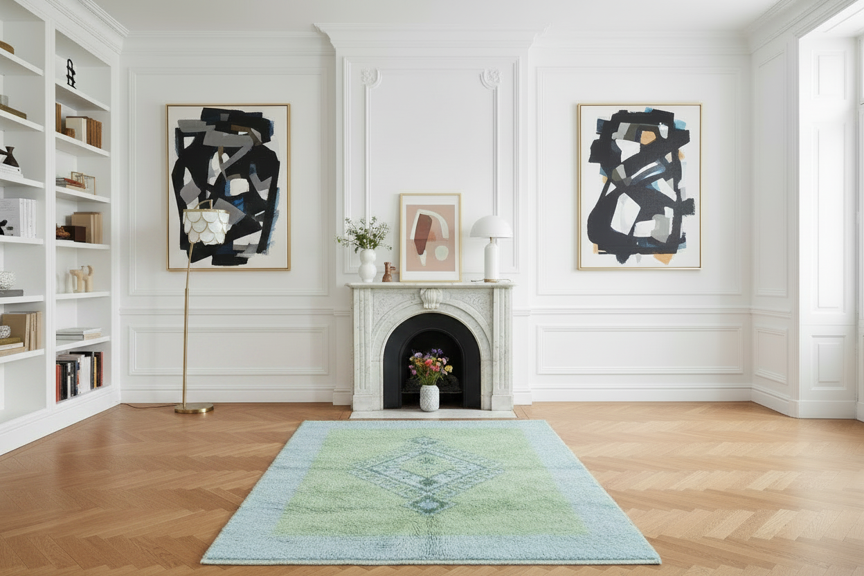 Modern living room with yellow sofa, blue green shag rug, abstract art, and a fireplace.